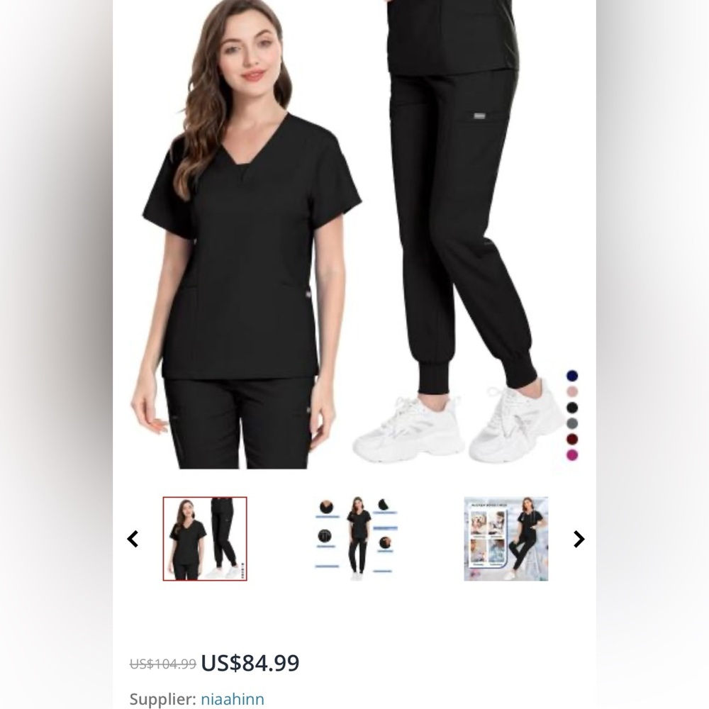 Black Niaahinn  Scrubs 2 piece Set with Light Gray Stitching and joggers XS - Picture 14 of 16